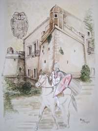 Disegno del castello con un cavaliere con scudo, a cavalo mentre si allontana.