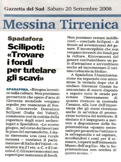 articolo tratto da Messina Tirrenica sull'interramento degli scavi a Spadafora 20 settembre