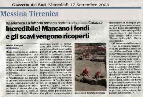 articolo tratto da Messina Tirrenica sull'interramento degli scavi a Spadafora 17 settembre